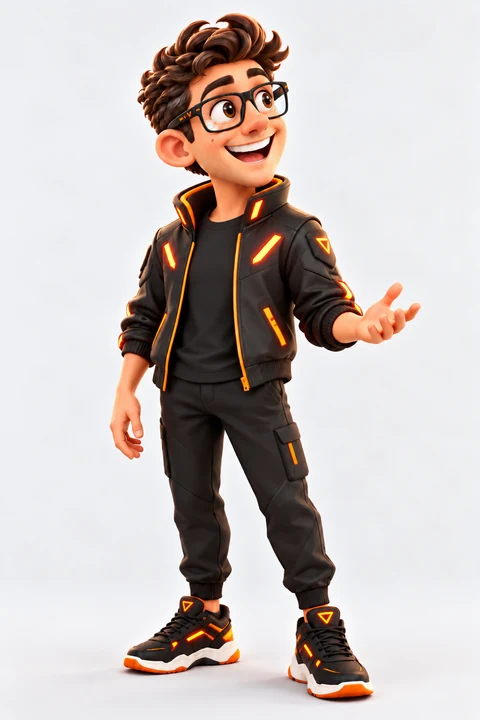 Stylized CGI Nerd avatar with brown hair, glasses and orange-accented charcoal techwear, smiling with an open hand in welcome.