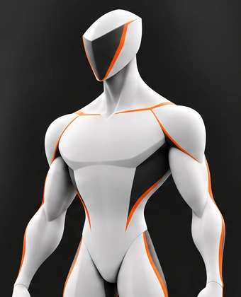 Approved three-quarter-view CGI Nerd mannequin concept with a white faceted helmet, charcoal panels and orange contours.