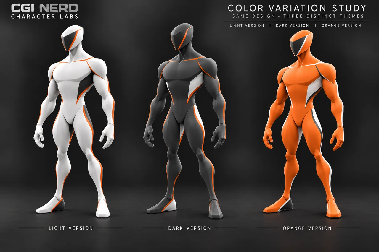 White, charcoal and orange CGI Nerd mannequin concept designs on a color variation study sheet.