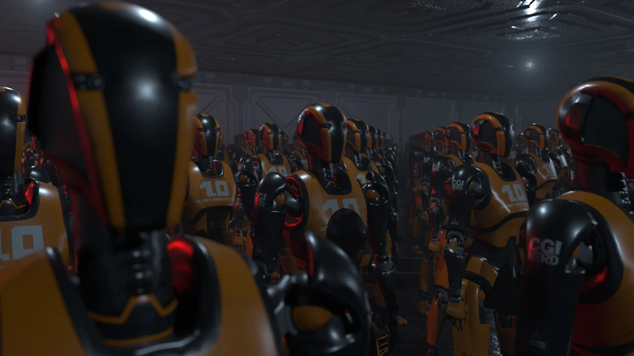 Orange and charcoal robot agents arranged in a procedural crowd formation by CGI Nerd.