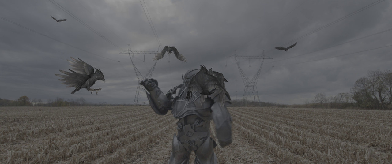 A group of crows swoops toward a large armored figure standing in an open field.