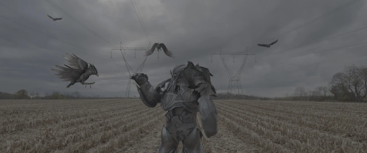 A group of crows swoops toward a large armored figure standing in an open field.