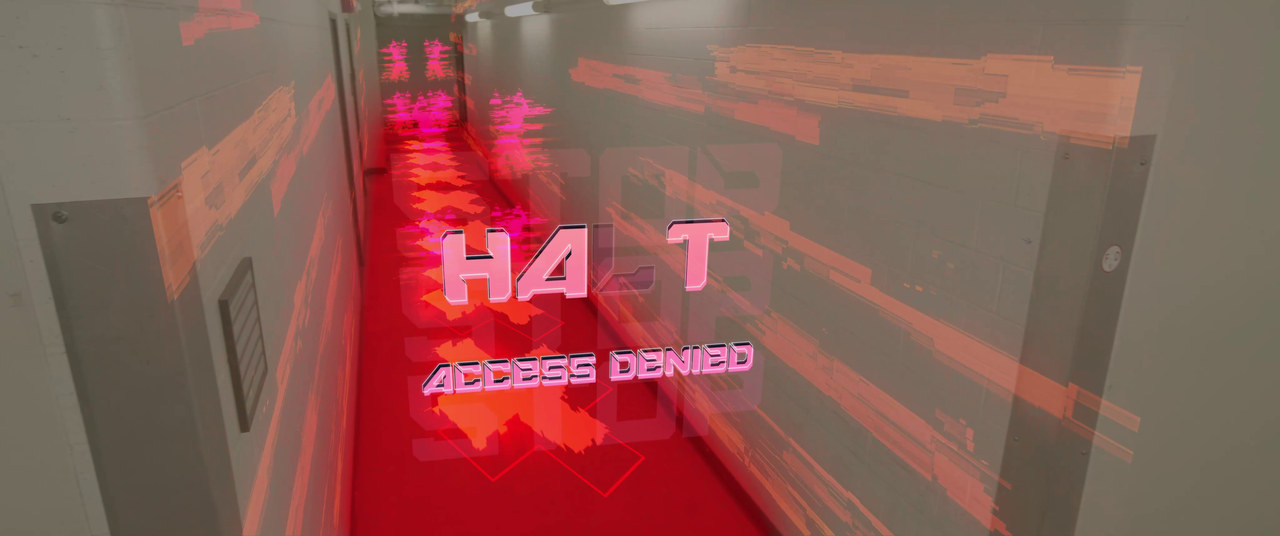 Red augmented-reality warning graphics over a first-person hallway view.
