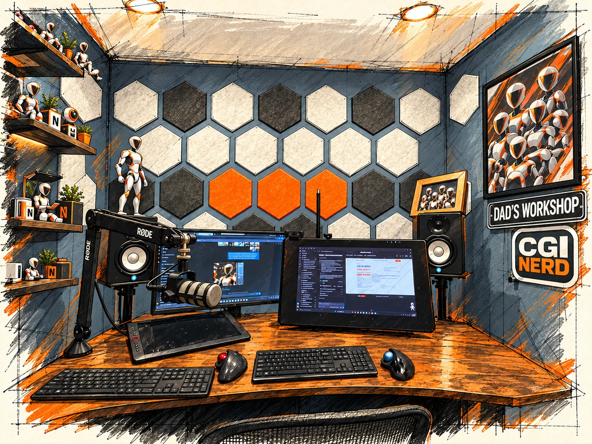 AI-assisted sketch of the compact CGI Nerd workspace with desk displays, mounted audio gear and original CGI Nerd mannequin decor.
