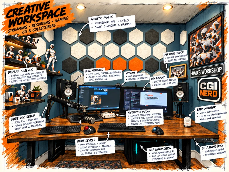 Annotated compact CGI Nerd studio with desk displays, mounted speakers, a PodMic and a small white VTech baby monitor.