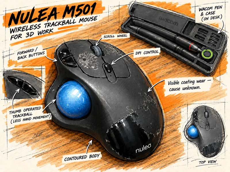 Worn Nulea M501 thumb trackball with a blue ball, DPI control annotation and Wacom pen case.
