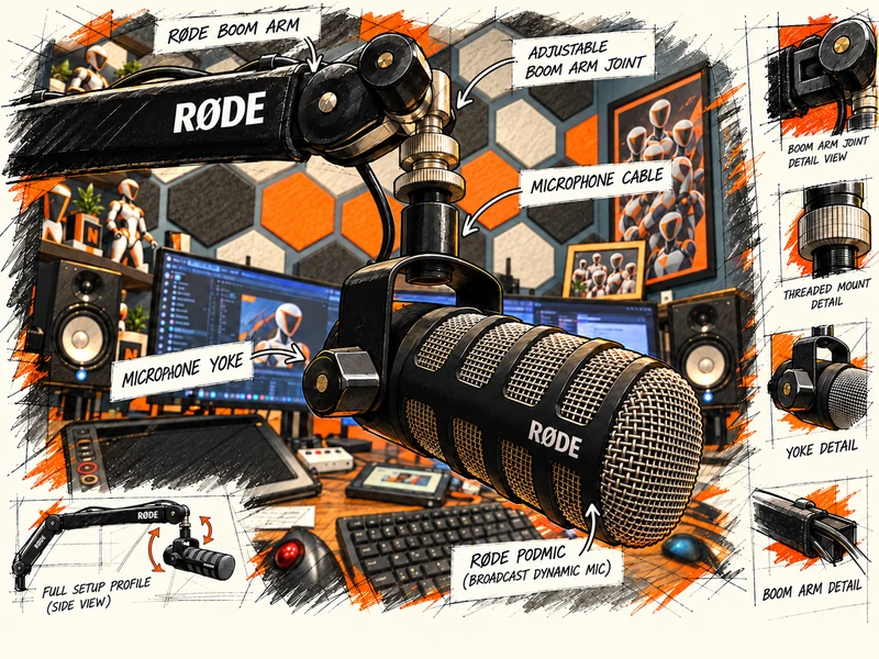 RØDE PodMic dynamic microphone on a boom arm, with illustrated yoke and mount details.