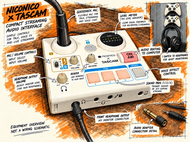 Conceptual equipment illustration of a niconico × TASCAM interface, audio adapter and Sony headphones.