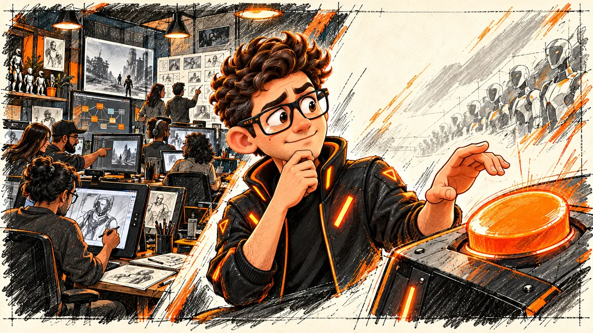 Illustrated CGI Nerd avatar looking between a bustling traditional VFX studio and a symbolic orange automation button.