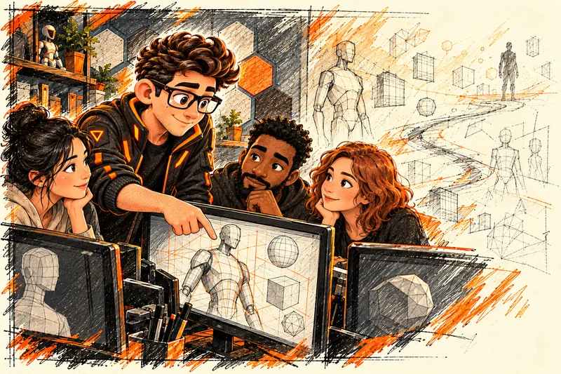 Illustrated CGI Nerd instructor helping adult animation students as their future path fades into an unfinished sketch.