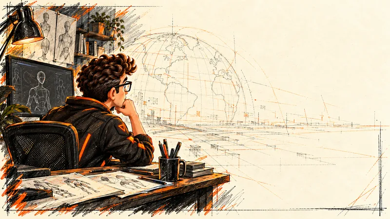 CGI Nerd avatar looking from his workbench toward an unfinished wireframe world fading into blank paper.